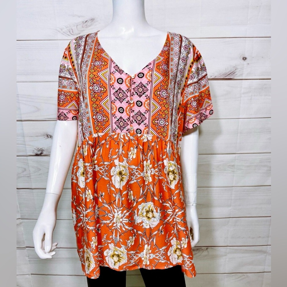Floral Boho Top - Orange and Pink, Suzanne Betro Weekend, Plus Size 2X